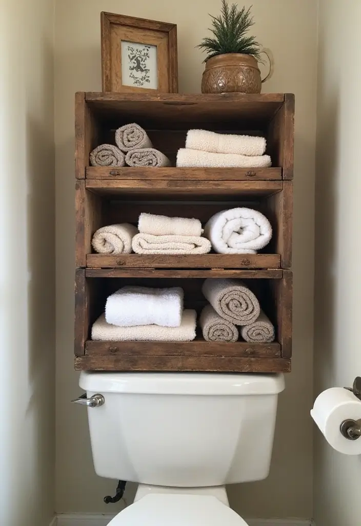 30 Over-the-Toilet Storage Ideas That Are Smart and Stylish - 12. Vintage Crate Storage