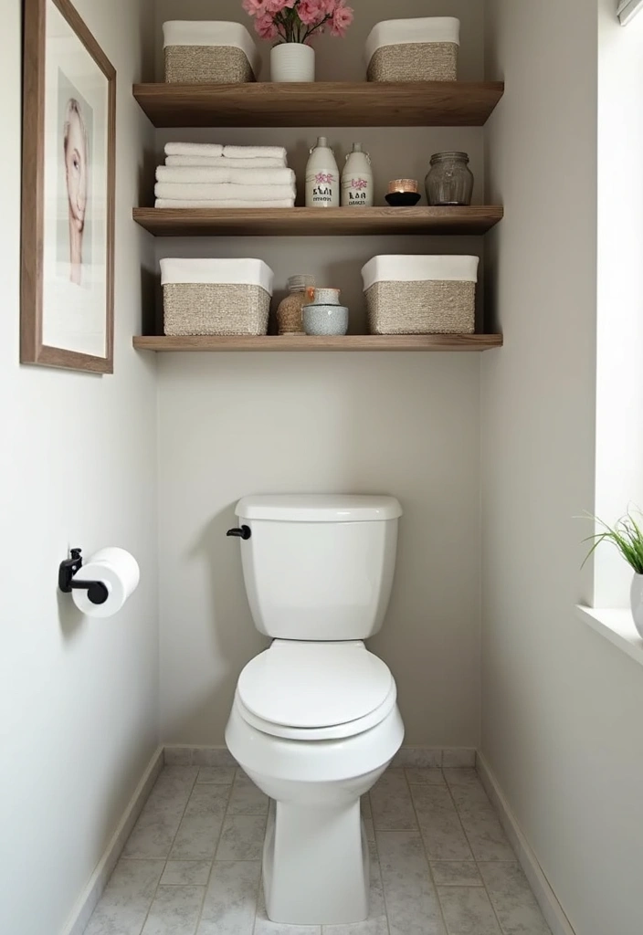 30 Over-the-Toilet Storage Ideas That Are Smart and Stylish - 13. Open Shelf with Storage Bins