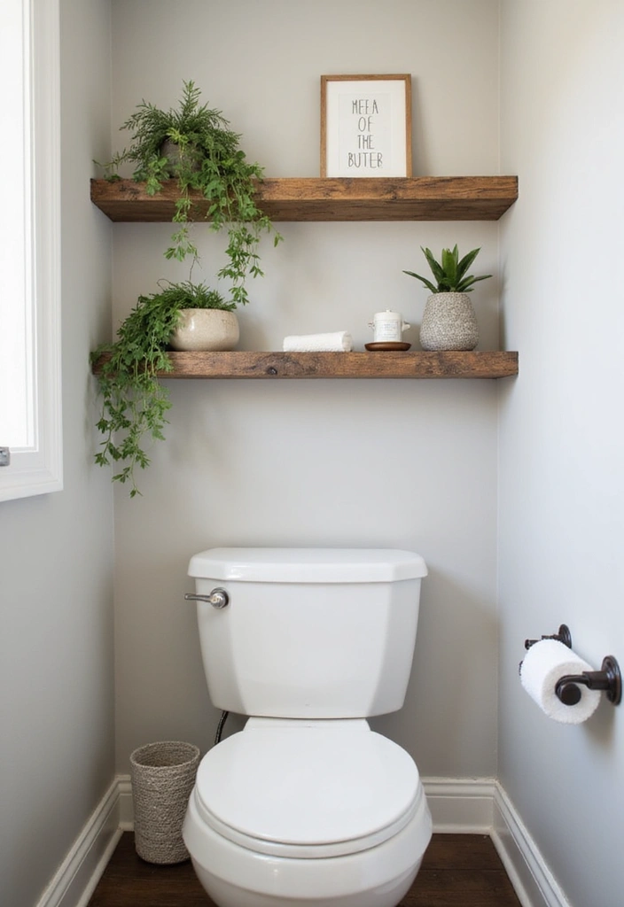 30 Over-the-Toilet Storage Ideas That Are Smart and Stylish - 15. Rustic Wood Beam Shelf