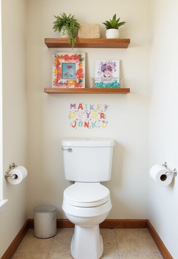 30 Over-the-Toilet Storage Ideas That Are Smart and Stylish - 23. Fun Wall Decals with Shelves