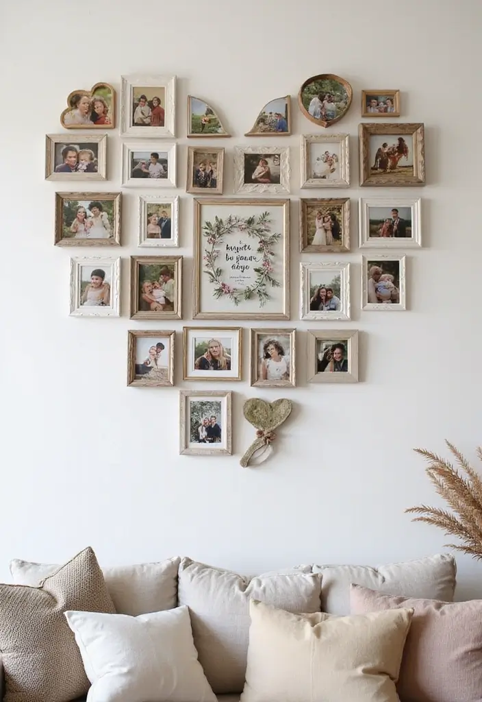30 Photo Frame Wall Ideas for a Personalized Home Gallery - 25. The Heart Shape