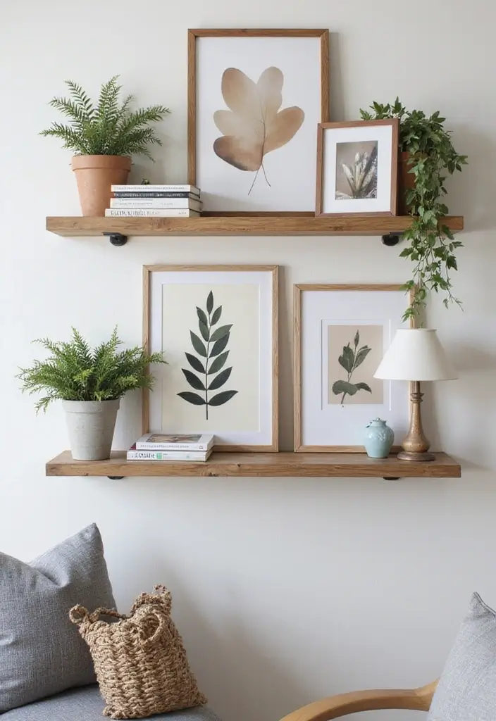 30 Picture Wall Ideas to Transform Any Blank Space 22 30 Picture Wall Ideas to Transform Any Blank Space - 4. Floating Shelves for Art and Decor