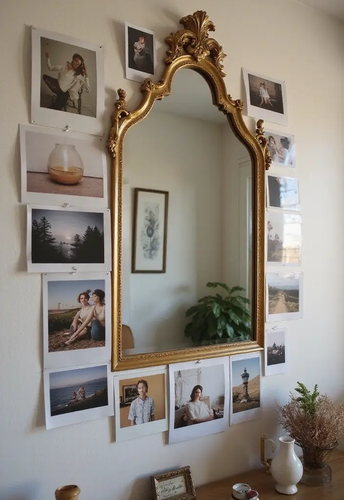 30 Polaroid Wall Ideas That Are Cute and Aesthetic - 16. Photo Wall with Mirrors