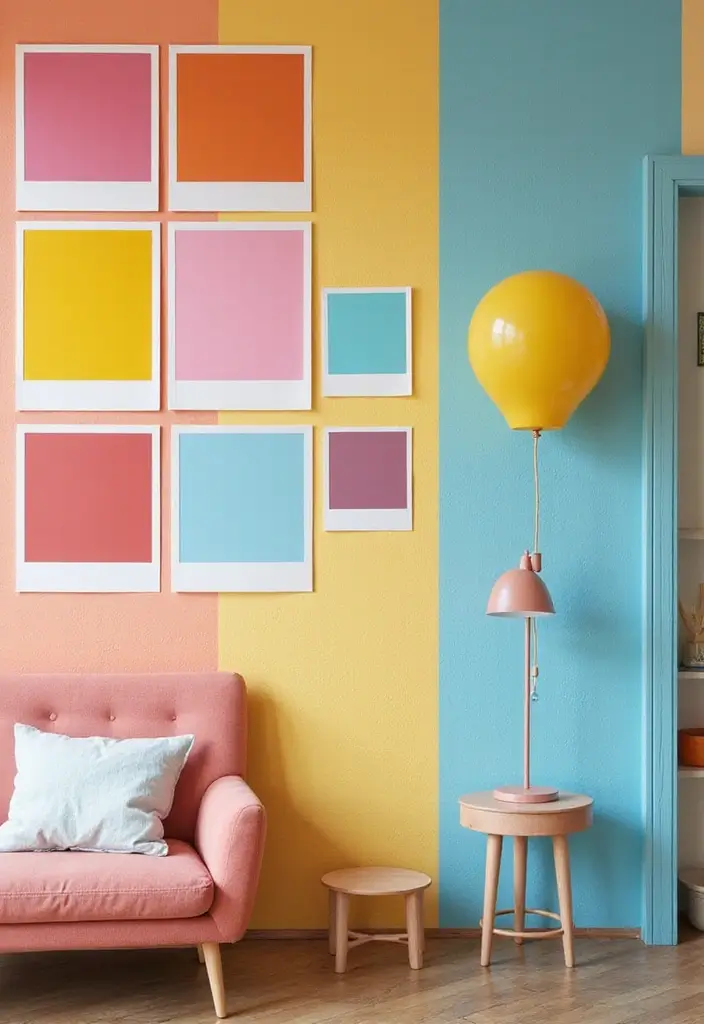 30 Polaroid Wall Ideas That Are Cute and Aesthetic - 21. Color Blocked Display