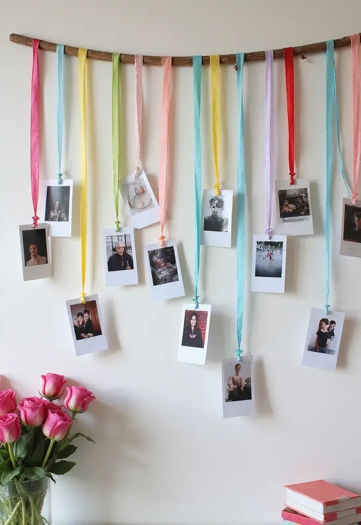 30 Polaroid Wall Ideas That Are Cute and Aesthetic - 25. Photo Wall with Ribbons