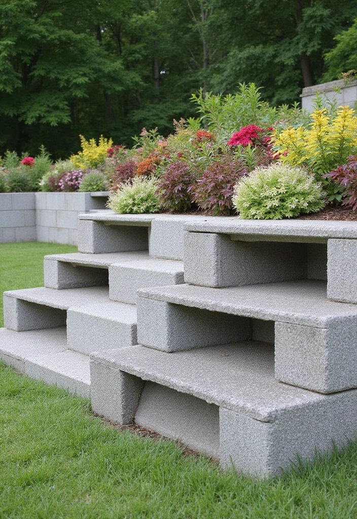 30 Retaining Wall Ideas That Combine Function and Beauty - 4. Concrete Blocks with a Twist