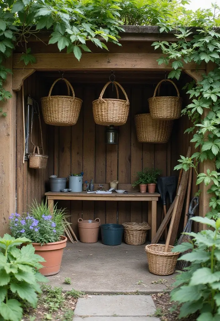 30 Shed Storage Ideas to Keep Tools and Gear in Order - 4. Hanging Baskets