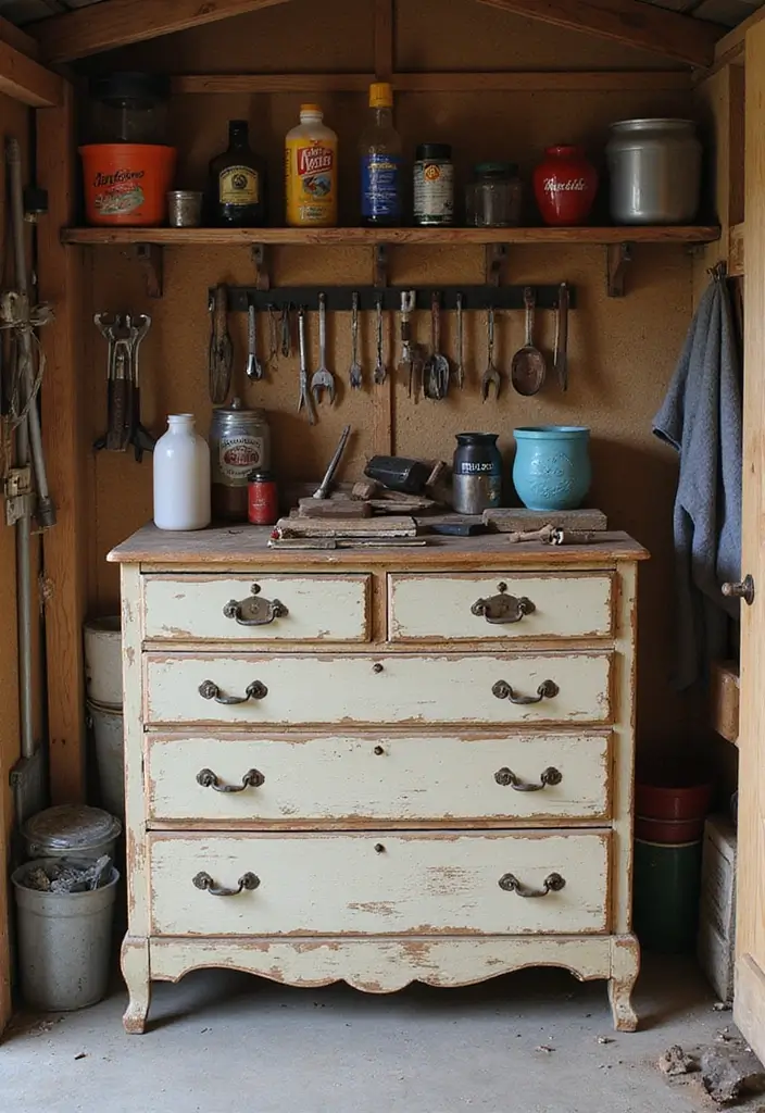 30 Shed Storage Ideas to Keep Tools and Gear in Order - 8. Repurposed Furniture