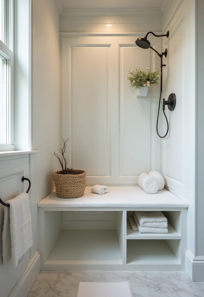 30 Small Bathroom Storage Ideas That Save Space Beautifully 14. Shower Bench with Storage