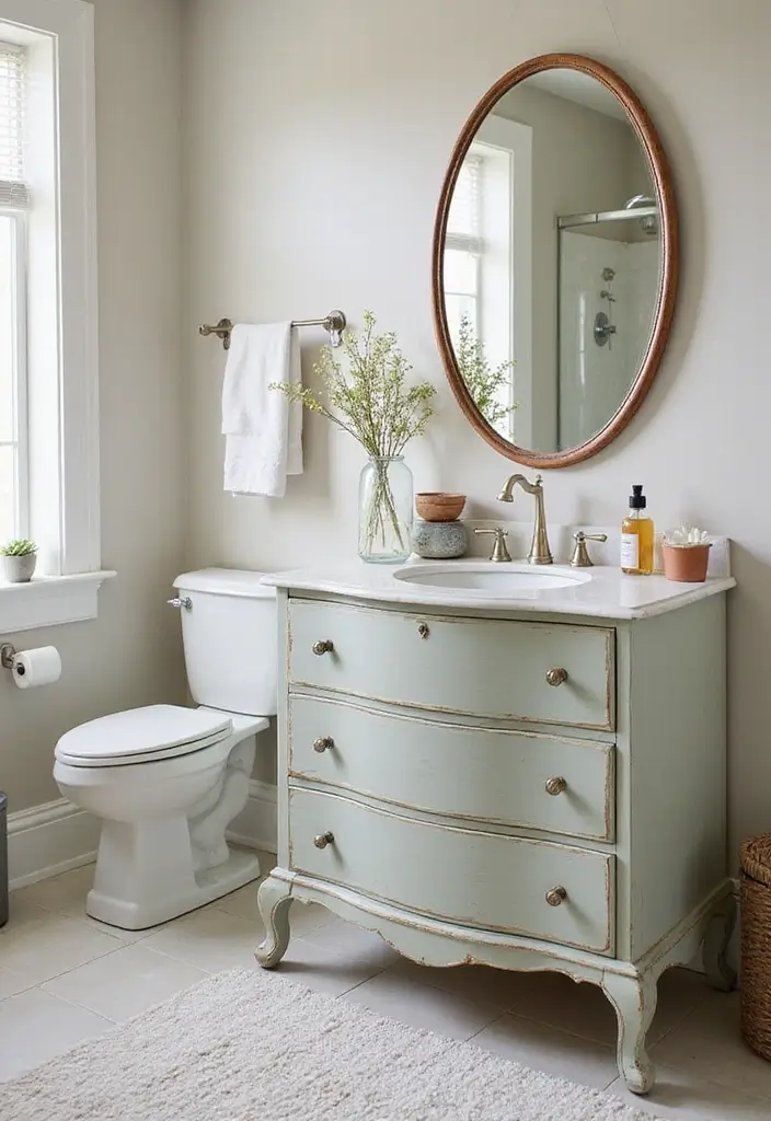 30 Small Bathroom Storage Ideas That Save Space Beautifully 16. Repurposed Furniture