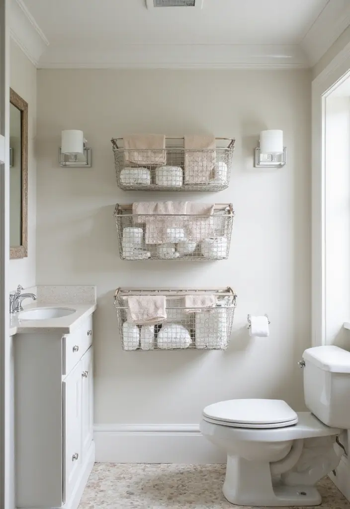 30 Small Bathroom Storage Ideas That Save Space Beautifully 17. Wall Mounted Baskets