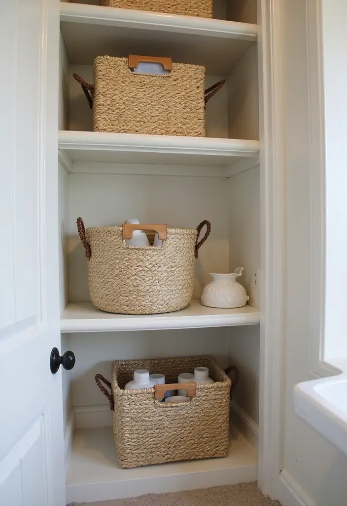 30 Small Bathroom Storage Ideas That Save Space Beautifully 20. Baskets on Shelves