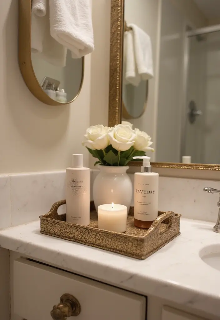 30 Small Bathroom Storage Ideas That Save Space Beautifully 23. Decorative Trays