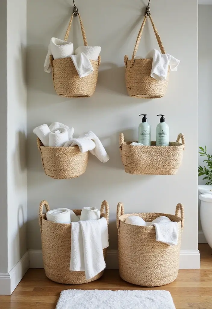 30 Small Bathroom Storage Ideas That Save Space Beautifully 4. Hanging Baskets