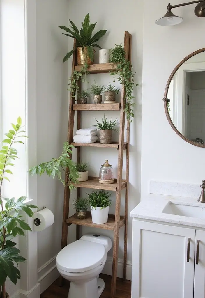 30 Small Bathroom Storage Ideas That Save Space Beautifully 6. Ladder Storage