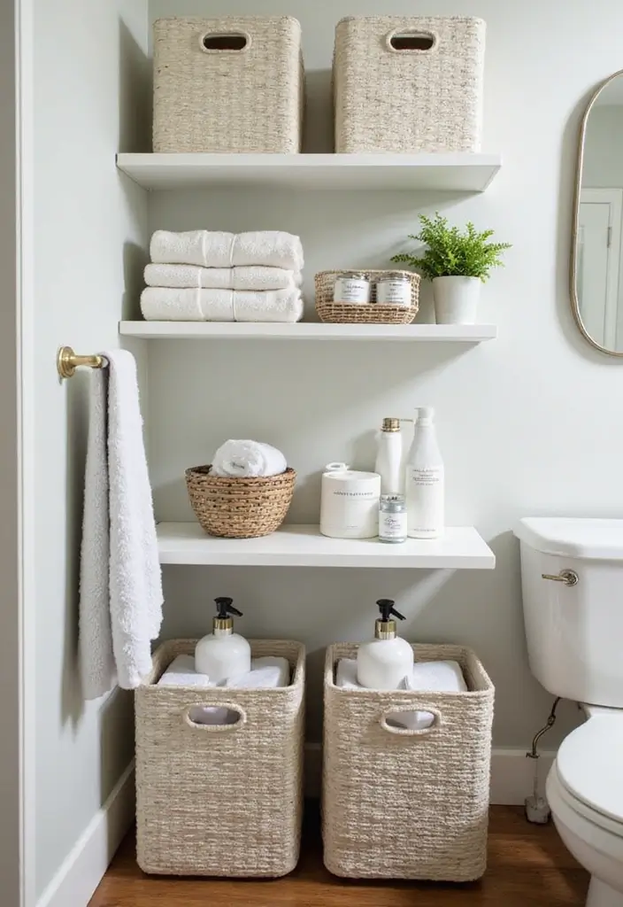 30 Small Bathroom Storage Ideas That Save Space Beautifully 9. Stylish Storage Bins