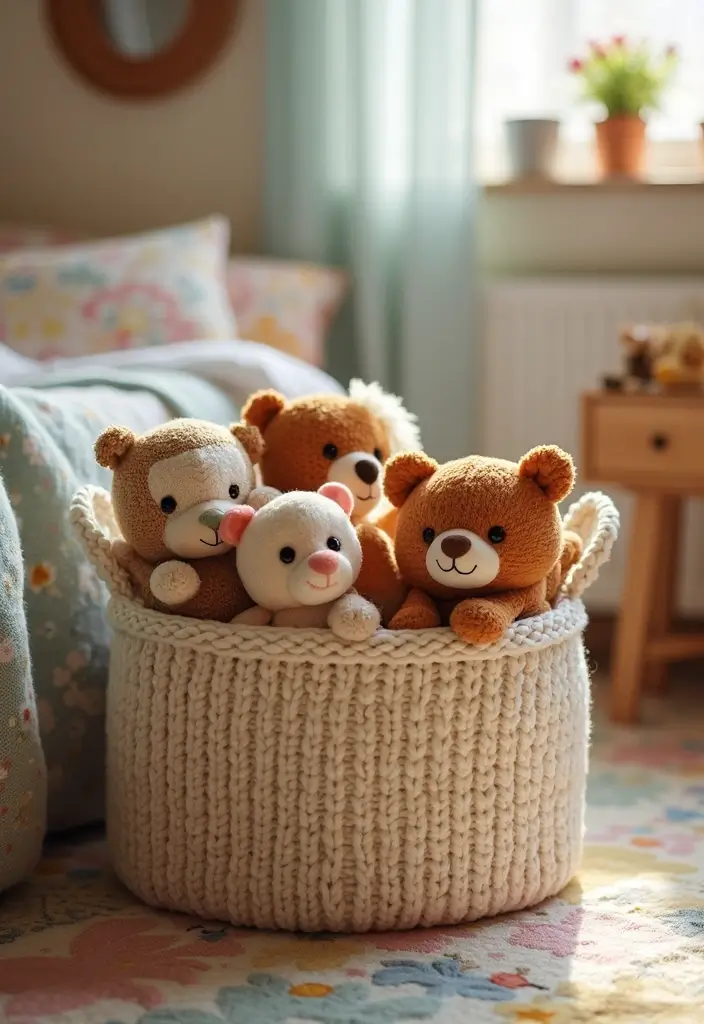 30 Stuffed Animal Storage Ideas That Kids Will Love - 10. Knit Toy Baskets