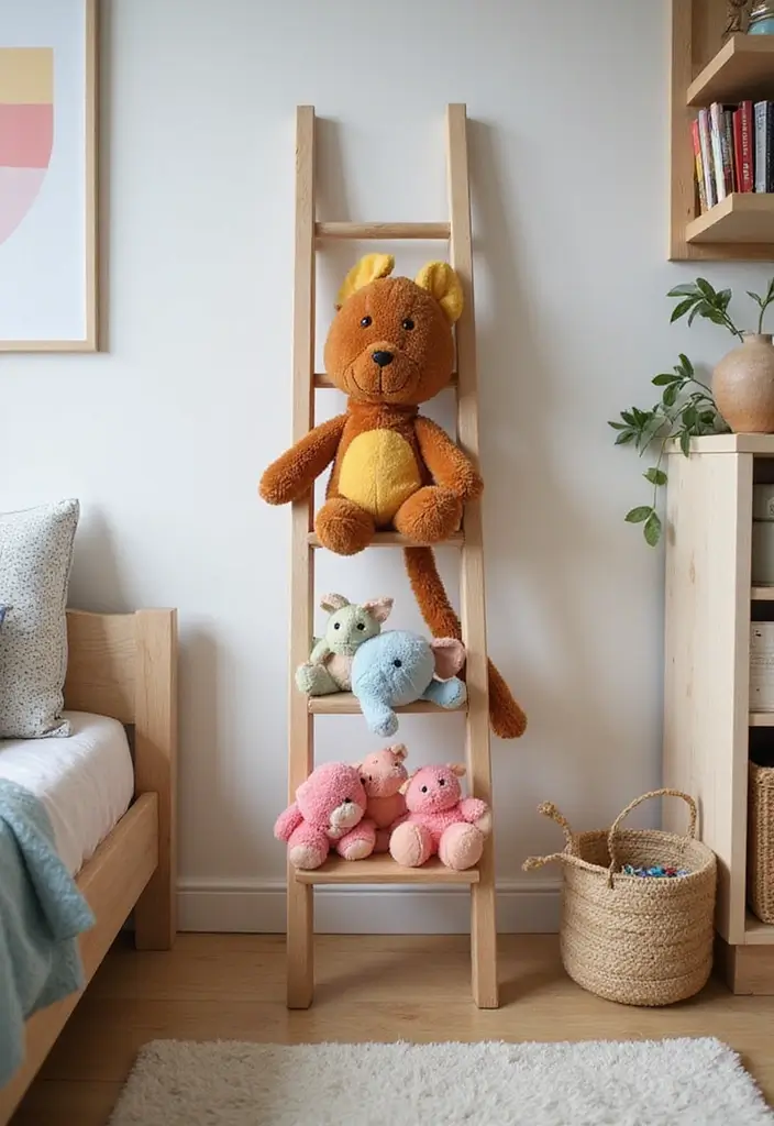30 Stuffed Animal Storage Ideas That Kids Will Love - 15. Stuffed Animal Ladder