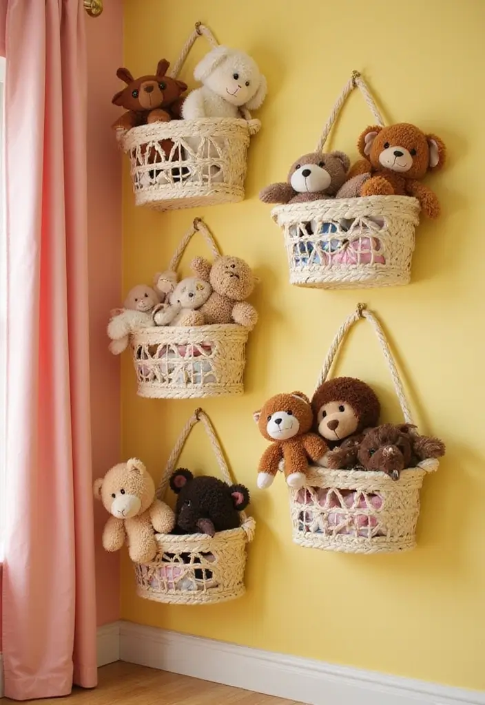30 Stuffed Animal Storage Ideas That Kids Will Love - 2. Wall-Mounted Storage Baskets