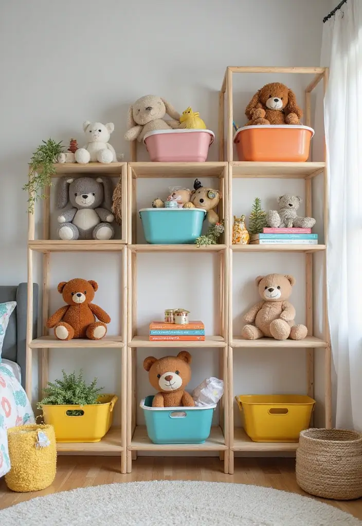 30 Stuffed Animal Storage Ideas That Kids Will Love - 20. Stuffed Animal Shelves with Baskets