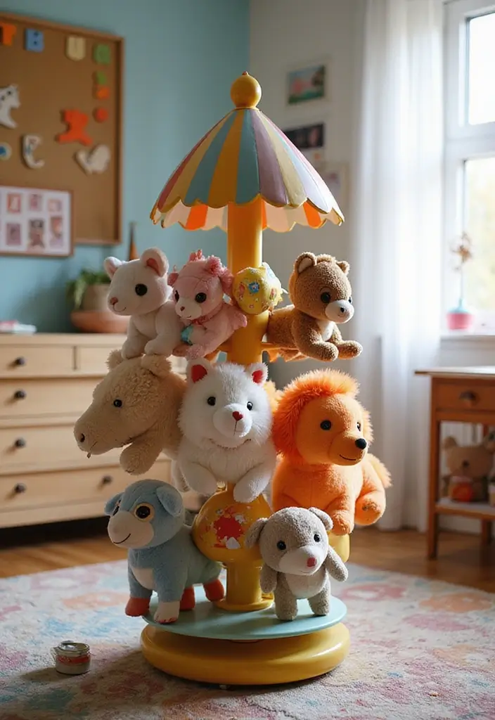 30 Stuffed Animal Storage Ideas That Kids Will Love - 24. Stuffed Animal Carousel