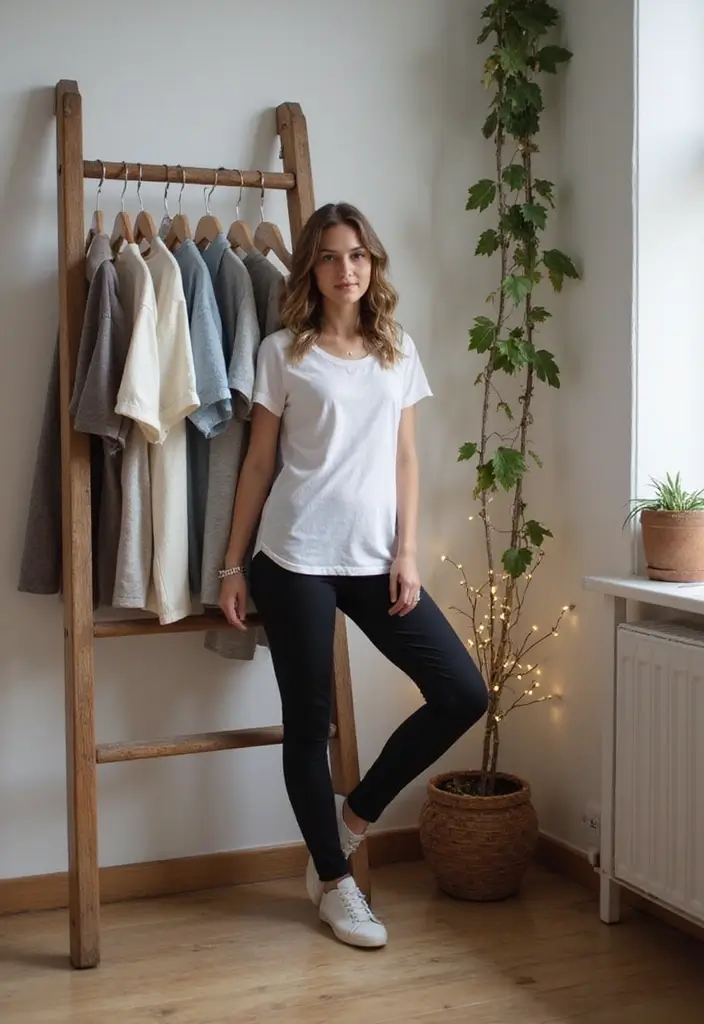 30 T Shirt Storage Ideas for a Perfectly Folded Closet 17. Use a Ladder for Unique Display