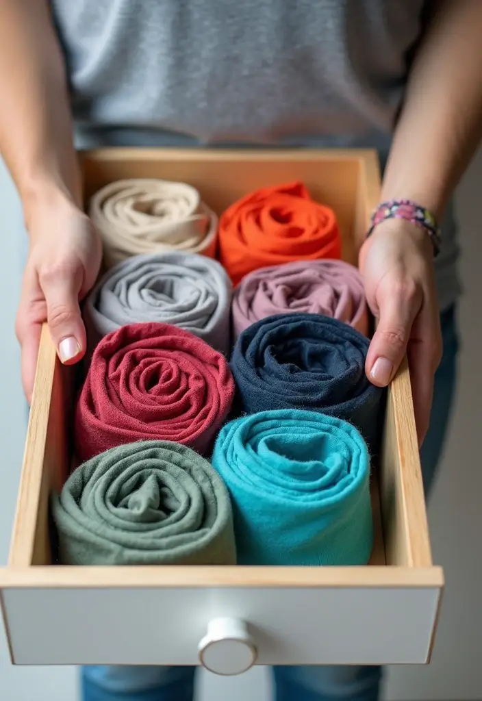 30 T Shirt Storage Ideas for a Perfectly Folded Closet 7. DIY T Shirt Roll Up