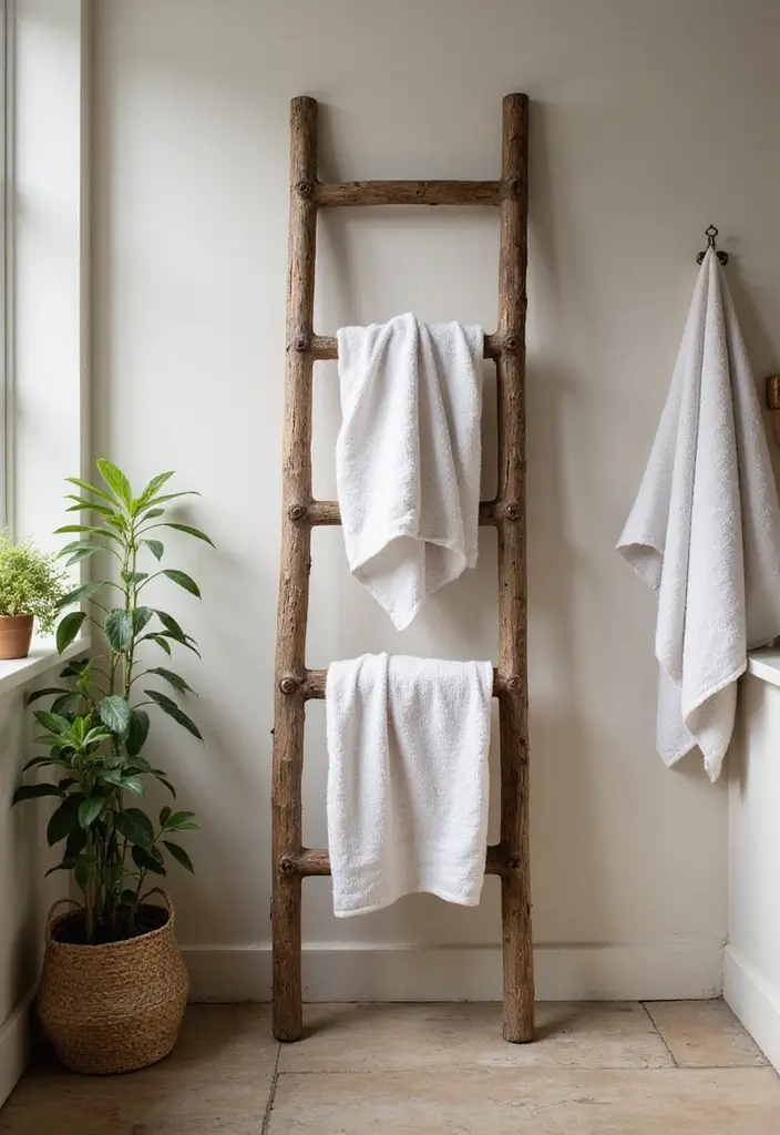 30 Towel Storage Ideas That Are Stylish and Space-Saving - 2. Vintage Ladder for Hanging Towels