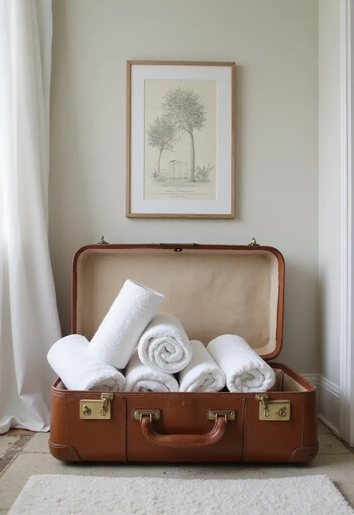 30 Towel Storage Ideas That Are Stylish and Space-Saving - 20. Vintage Suitcase as Towel Storage