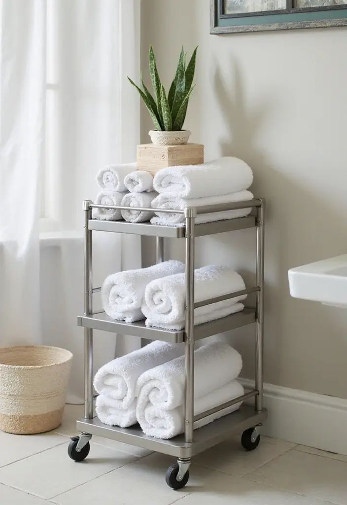 30 Towel Storage Ideas That Are Stylish and Space-Saving - 24. Towel Storage Cart