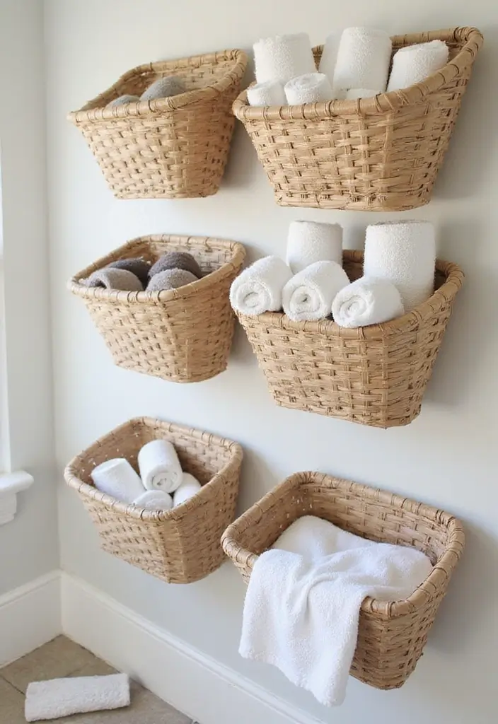 30 Towel Storage Ideas That Are Stylish and Space-Saving - 27. Wall-Mounted Baskets