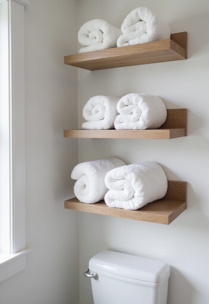 30 Towel Storage Ideas That Are Stylish and Space-Saving - 28. Floating Shelves for Rolled Towels