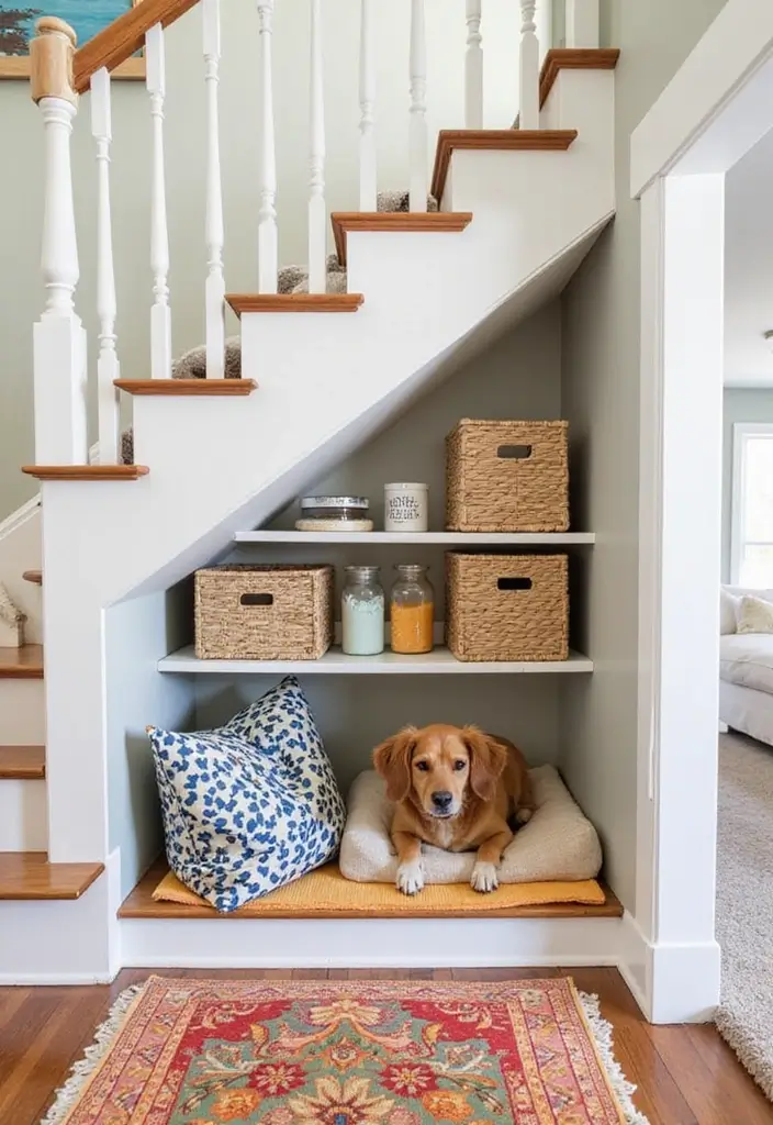 30 Under Stair Storage Ideas That Maximize Hidden Space 1. Chic Pet Nook