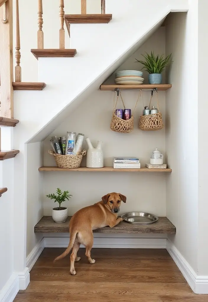 30 Under Stair Storage Ideas That Maximize Hidden Space 15. Pet Feeding Station