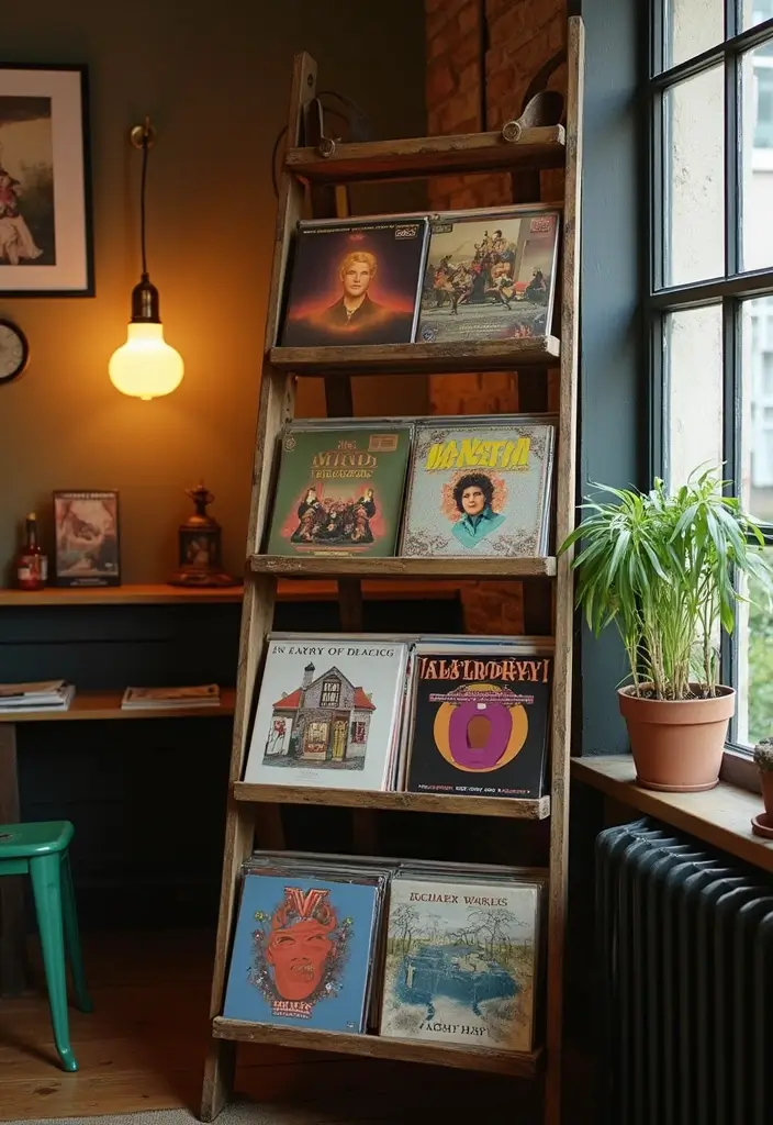 30 Vinyl Record Storage Ideas for Music Lovers - 12. Vintage Ladder Rack