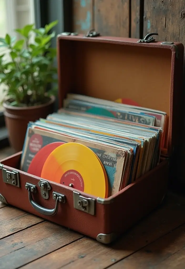 30 Vinyl Record Storage Ideas for Music Lovers - 2. Vintage Suitcase Storage