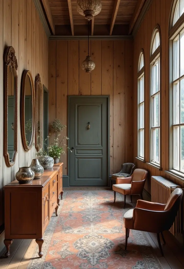 30 Wood Wall Ideas for a Rustic and Modern Touch - 14. Vintage Wood Wall with Antique Mirrors