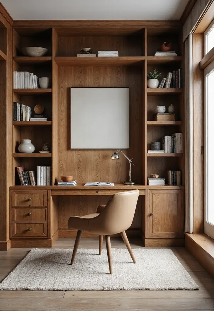 30 Wood Wall Ideas for a Rustic and Modern Touch - 17. Wood Wall with Built-In Shelving