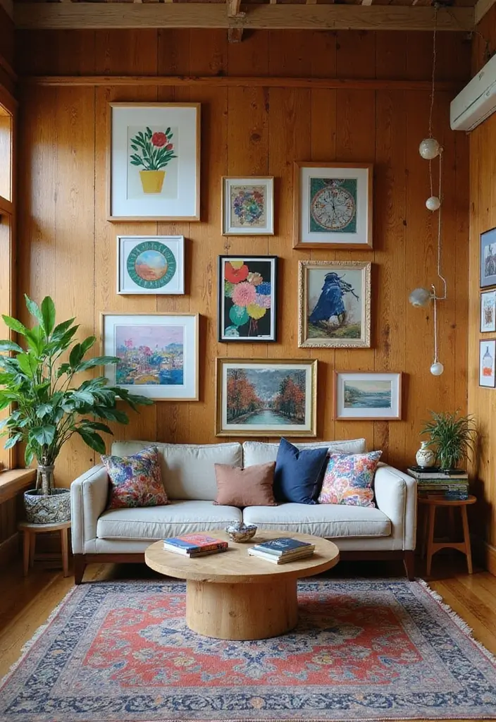 30 Wood Wall Ideas for a Rustic and Modern Touch - 19. Artistic Wood Wall with Wall Art