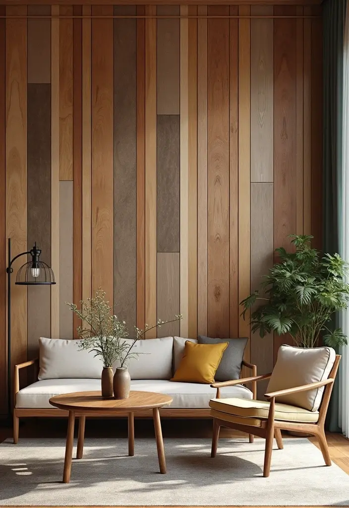30 Wood Wall Ideas for a Rustic and Modern Touch - 24. Mixed Wood Wall for Diverse Textures