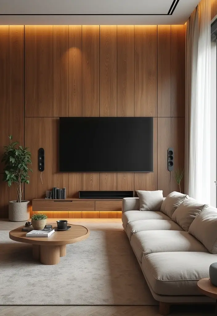 30 Wood Wall Ideas for a Rustic and Modern Touch - 25. Wood Wall with Integrated Technology