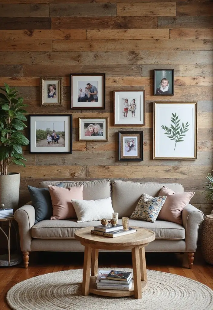 30 Wood Wall Ideas for a Rustic and Modern Touch - 27. Reclaimed Wood Wall with Personal Touches