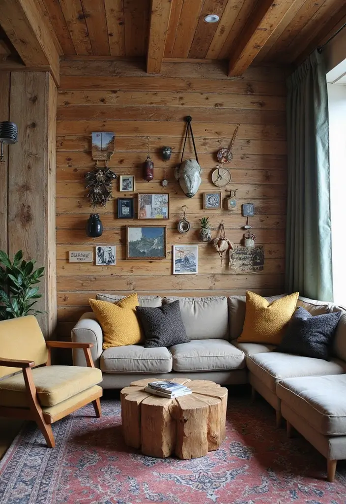 30 Wood Wall Ideas for a Rustic and Modern Touch - 29. Eclectic Wood Wall with Hanging Decor