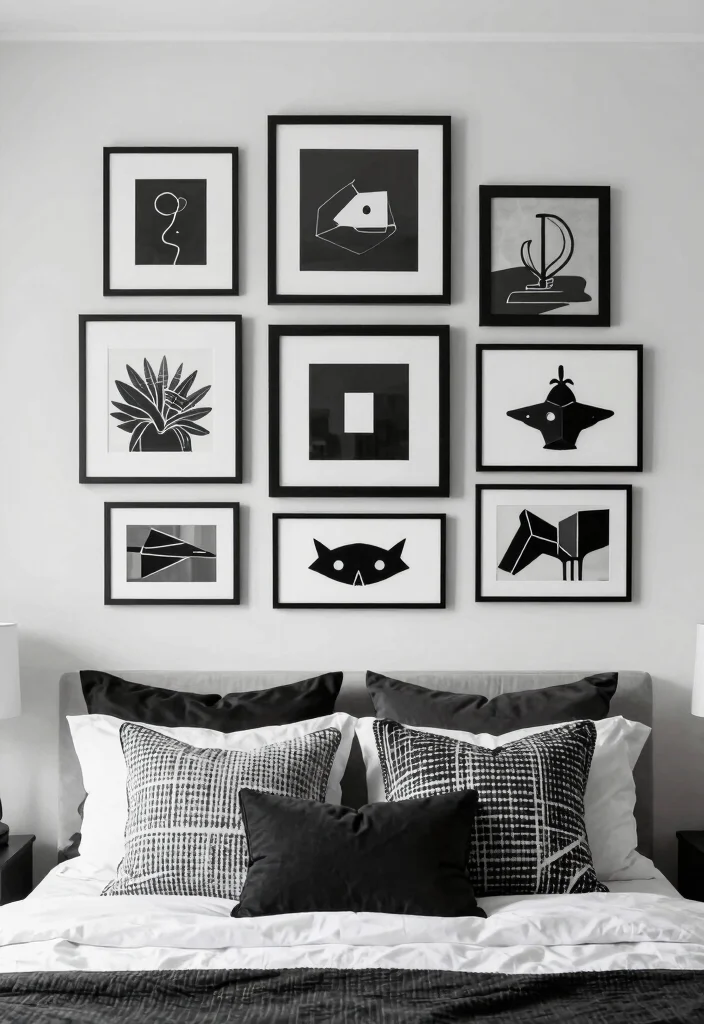25 Black and White Bedroom Ideas for a Classic Contrast 12. Layered Black and White Art 0