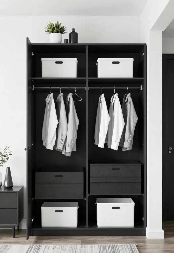 25 Black and White Bedroom Ideas for a Classic Contrast 13. Functional Open Closet 0