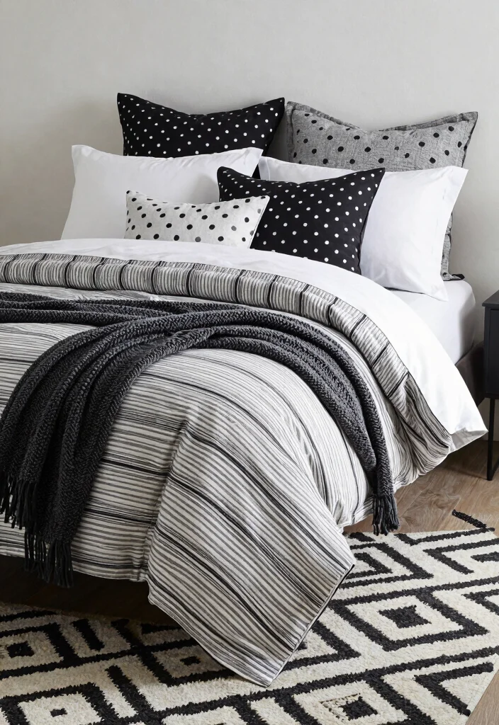 25 Black and White Bedroom Ideas for a Classic Contrast 15. Bedroom with Monochrome Textiles 0