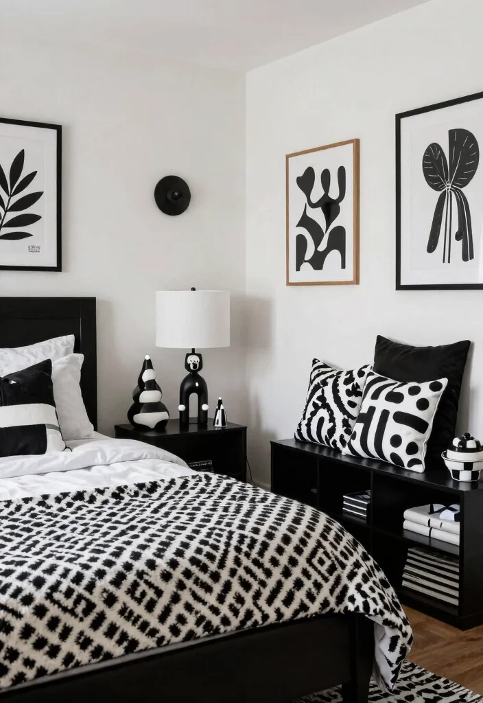25 Black and White Bedroom Ideas for a Classic Contrast 21. Playful Black and White Accessories 0