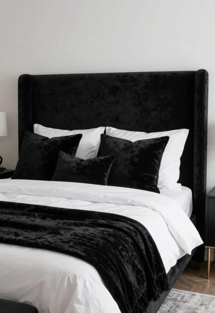 25 Black and White Bedroom Ideas for a Classic Contrast 6. Luxurious Black Velvet 0