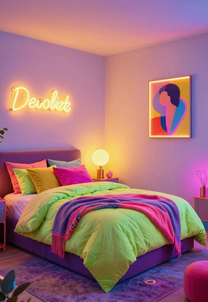 25 Colorful Bedroom Ideas That Bring Energy and Joy 10. Playful Neon Accents 0