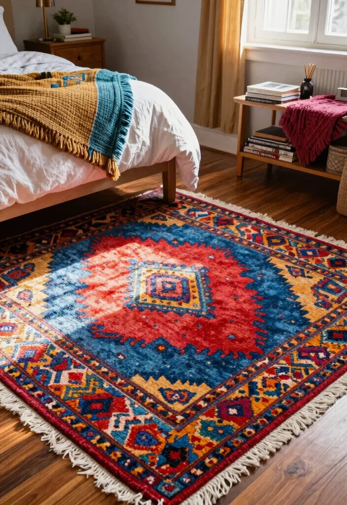 25 Colorful Bedroom Ideas That Bring Energy and Joy 18. Colorful Rugs 0
